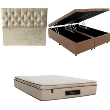 Imagem de Cama Box Baú Bipartida Blindada com Colchão Cloud Molas Ensacadas C/Pillowtop 32cm + Cabeceira Botonê (CORINO MARROM, Casal Bipartido)