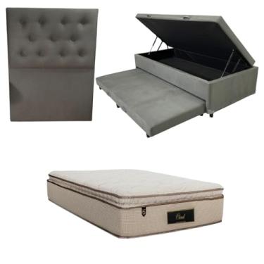 Imagem de Cama Box Baú Solteiro com Auxiliar (Bicama) + Colchão Cloud Molas Ensacadas C/Pillowtop 32cm | Kit Completo com Cabeceira Botonê Opcional | Diversas Cores (3, SUEDE CINZA, COM CABECEIRA)