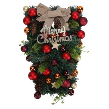 Imagem de Luqeeg Guirlandas de gota de Natal, guirlanda de gota de spruce artificial criativa de Natal com pinhas, bolas, laço, guirlandas de Natal para porta parede janela arranjo decoração de Natal