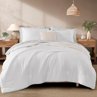 Imagem de Monbix Conjunto de edredom casal – 7 peças, branco, pré-lavado, conjunto de cama completo com edredom, todas as estações, conjunto de cama com lençóis, fronhas e fronhas