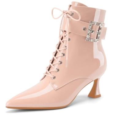 Imagem de Perisis Botas femininas de salto gatinho, bico fino, moderno, couro envernizado, strass, cadarço, botas curtas elegantes de fantasia de bruxa com zíper, Rosa bebê, 36