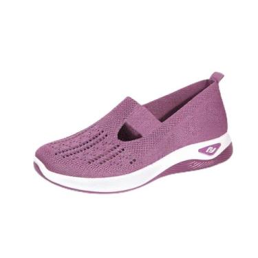 Imagem de Tênis de caminhada feminino, leve, confortável, respirável, para viagem, treino, caminhada, cabedal de malha, Roxa, 36