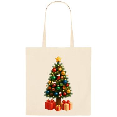 Imagem de Phicorn Sacola de Natal – 1 pacote médio 38 cm x 40 cm sacola de compras de lona reutilizável com estampa de árvore de Natal para compras de férias e uso diário