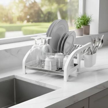 Imagem de Escorredor de Louça 12 Pratos Branco em aço Inox Cama com Porta Talher