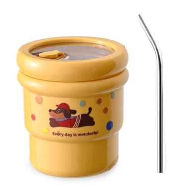 Imagem de Beciway Caneca de café isolada a vácuo à prova de vazamento de 400 ml com canudo – perfeita para escritório, presentes de aniversário, agradecimento de professores e amigos – Prática, durável, amarelo