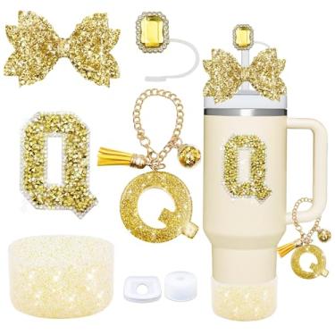 Imagem de Conjunto de acessórios de copo dourado de 7 peças para Stanley Cup 850 g/1,134 g, inclui tampa de canudo de joias, tampa à prova de derramamento, decorações de iniciais, pingente de alça, bota de