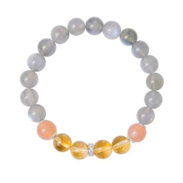 Imagem de Pulseira feminina cinza, pedra da lua e miçangas de citrino, prata 925