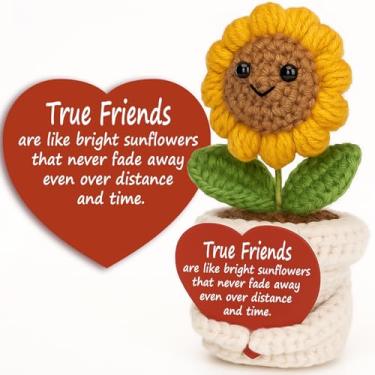 Imagem de Handmade Positive Crochet Sunflower Plush “True Friends are like bright sunflowers…” Inspirational Gift for Women, Friend, Sister, Coworker, Emotional Support Token – Birthday, Christmas, Desk Decor