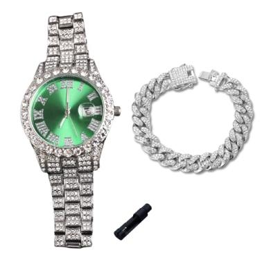 Imagem de genkigold Relógio de diamante dourado para meninos adolescentes - mostrador redondo com algarismos romanos de 42 mm em três cores - pulseira banhada a ouro real 18K de 20 cm - Inclui ferramenta de