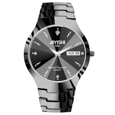 Imagem de AIYISHI Relógios masculinos com data, luxuoso, diamante, à prova d'água, relógio de pulso analógico, vestido de aço inoxidável, luminoso, preto