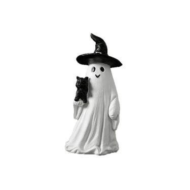 Imagem de Estátua de gato segurando fantasma de Halloween, decoração de jardim em resina, 17 cm