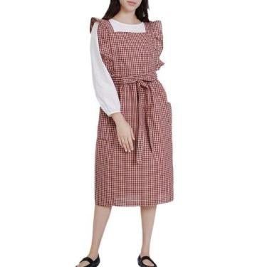 Imagem de Avental francês retrô de algodão guingão com babados, gravata na cintu