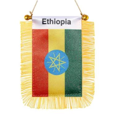 Imagem de JBSJBS Bandeira pendurada da Etiópia mini bandeiras de janela de carro etíope pequenas bandeiras de espelho retrovisor decoração bandeiras da Etiópia com ventosa com franjas douradas dupla face 7,6 x