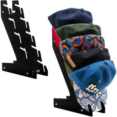 Imagem de Chewtoyo Pacote com 2 organizadores de chapéus montados na parede com 5 compartimentos com suporte de boné de beisebol de acrílico - 29 x 20 x 6 cm, instalação versátil, tela transparente para bonés