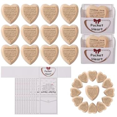 Imagem de SRCVYLT Conjunto de 60 Corinthians 13:4-8a lembrancinha de casamento em massa, coração religioso de bolso de madeira com cartões dobrados, tokens de coração de madeira, coleção de versículos bíblicos