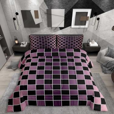 Imagem de Erosebridal Jogo de cama geométrico, xadrez, rosa, roxo, ombré, para crianças, meninas e adolescentes, edredom xadrez, preto degradê, quadriculado, edredom