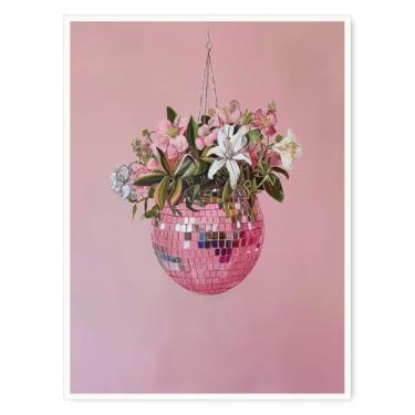 Imagem de Plantador de bola de discoteca rosa moderno arte de parede floral glamorosa decoração estética pôsteres para mulheres surreais modernas festa quarto lounge decoração pôster 28x35,5 cm sem moldura