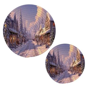 Imagem de Blueangle 2 peças de suporte de panela de Natal de rua - conjunto de pegadores de panela de tecido redondo - almofadas quentes trançadas de algodão - porta-copos - tapetes de mesa para cozinhar e