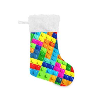 Imagem de Blueangle 1 pacote de meias coloridas de Natal com padrão de blocos de montar de brinquedo de 48 cm para decorações de festas de fim de ano, porta-presentes e meias (308)