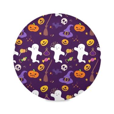 Imagem de Wassud Jogo americano fofo abóbora chapéus de bruxa tapetes de mesa redondos para cozinha e jantar tapetes laváveis resistentes ao calor decoração de mesa 39 cm