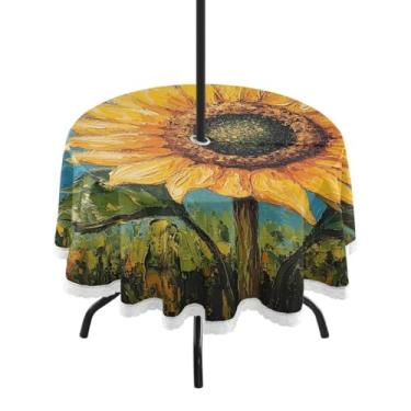 Imagem de CEBUGI Toalha de mesa redonda para uso ao ar livre, girassol, impermeável, com furo Umberlla, capa de mesa lavável para pátio, cozinha, sala de jantar, 152 cm