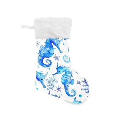 Imagem de Wassud Meias de Natal de cavalos-marinhos azuis grandes meias de Natal 45,7 cm com punho branco pendurado decoração de férias 1 pacote