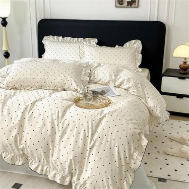 Imagem de XLCZMYL Jogo de cama bordado com laço conjunto de capa de edredom com babados (1 capa de edredom + 2 fronhas, sem núcleo) para quarto de hóspedes, branco de bolinhas, lençol de taxa 200 x 230 cm