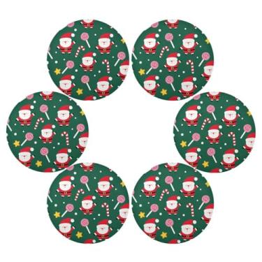 Imagem de Wassud Jogo americano conjunto de 6 tapetes de mesa redondos de Papai Noel e pirulito para cozinha e jantar, lavável, resistente ao calor, decoração de mesa 39 cm