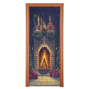 Imagem de Wassud Capa de porta de Natal para decoração de banner 81 x 199 cm grande lareira de Natal elástica para porta interna para varanda e porta da frente