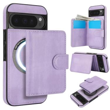 Imagem de Carteira removível para Google Pixel 9 Pro, compatível com Magsafe, capa de carregamento sem fio com suporte para cartão, compartimento para dinheiro, suporte 2 em 1 à prova de choque (roxa)