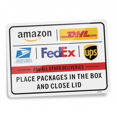 Imagem de Placa de entrega de pacote para varanda externa, instruções de entrega para placa de metal FedEx Amazon UPS USPS DHL, alumínio livre de ferrugem de 25,4 x 17,8 cm, resistente a intempéries,