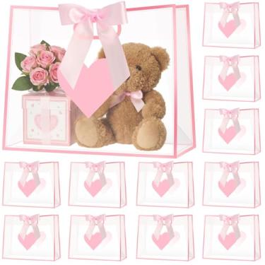 Imagem de Gilprop 12 sacos de presente transparentes de dia dos namorados com alças 30 x 24 x 13 cm, sacolas reutilizáveis com fita para festa dos namorados, dia das mães, aniversário, suprimentos de casamento