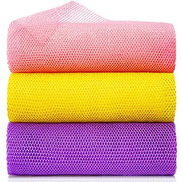 Imagem de 3 peças de esponja de banho líquida esfoliante para esfregar rede longa rede de lavagem de pano esfregão corporal chuveiro, amarelo, rosa, roxo