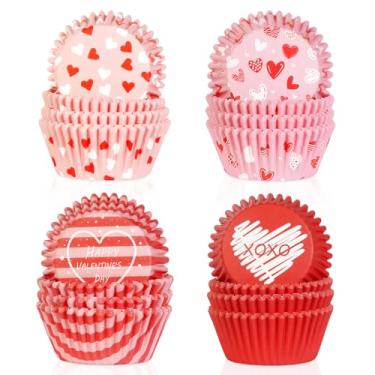 Imagem de 400 peças de forros de cupcake de dia dos namorados rosa vermelho coração XOXO copos de papel para assar tamanho padrão, formas de muffin, envoltórios de panificação para decorações de férias