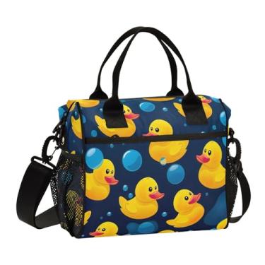 Imagem de GAIGEO Muitos patos de borracha em uma lancheira isolada azul com alças, lancheira grande com bolsos, lancheiras femininas