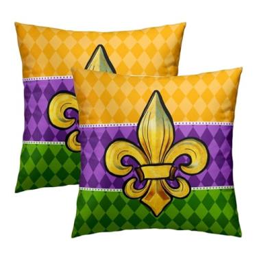 Imagem de Conjunto de 2 fronhas roxas e amarelas para carnaval 45,7 x 45,7 cm, flor-de-lis, conjunto de 2 fronhas verdes de carnaval feliz, capas de almofada quadradas, decoração para sofá de férias ao ar livre