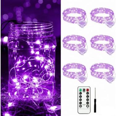 Imagem de Yooumoga Pacote com 6 luzes de fadas alimentadas por bateria com controle remoto e temporizador, 8 modos de iluminação, mini luzes de 20 LEDs para potes de pedreiro, árvores de Natal, festas e