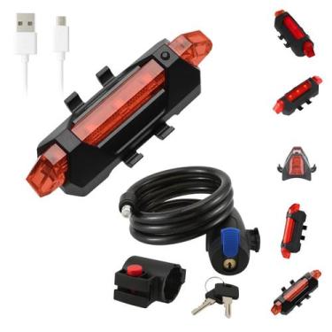 Imagem de Kit Lanterna Traseira Bike LED 120lm USB Recarregável + Cadeado Cabo A