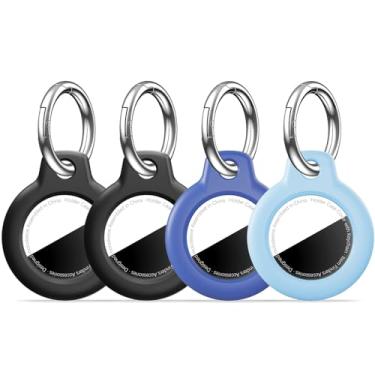 Imagem de MOLOSLEEVE [Pacote com 4] Capa para Airtag com chaveiro, capa de GPS à prova de choque, chaveiro antiarranhões, acessórios para rastreadores de itens GPS para bolsas, bagagens, preto/preto/azul/azul