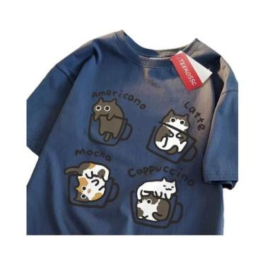 Imagem de Camiseta De Algodão Estilo Americano Com Estampa De Gato Café Para Hom