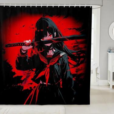 Imagem de Erosebridal Cortinas de chuveiro de tecido anime japonês para crianças, cortina de banho anime menina japonesa cortina de chuveiro para meninas adolescentes, animação kawaii vermelho preto