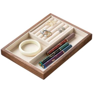 Imagem de MIGAKU HOME Bandeja de joias de madeira de nogueira preta com forro de veludo, organizador de joias multifuncional para anéis, brincos, colares e pulseiras, gaveta de armazenamento de joias e bandeja