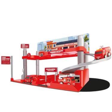 Imagem de Estação de Bombeiros Brinquedo com 4 Caminhões e Acessórios – Conjunto Infantil Educativo e Interativo