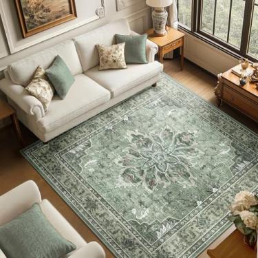 Imagem de RELEANY Tapetes quadrados de 1,8 m, lavável, antiderrapante, floral, vintage, estampado, medalhão, para sala de estar, quarto, sala de jantar, verde-escuro, cinza