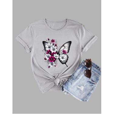 Imagem de Camiseta Tshirt Feminina Algodão Borboleta E Flores Branca - MB Sport,