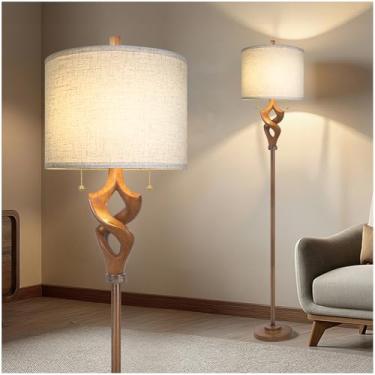 Imagem de Scenekoy Luminária de chão escultural de 166 cm para sala de estar, quarto, acabamento de madeira bronze e corpo de resina, lâmpada de pé com interruptor de corrente de puxar, lâmpada de canto
