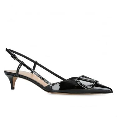 Imagem de CHEFDEER Salto gatinho Slingback feminino de couro envernizado, bico fino, salto baixo, sandálias de salto baixo para formatura, casamento, festa, Preto-pl, 36