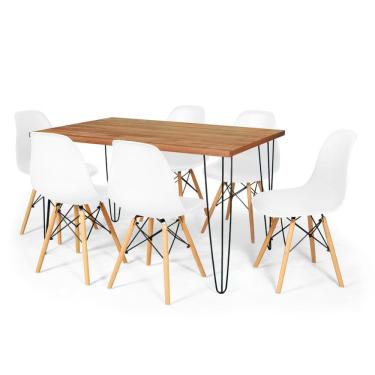 Imagem de Conjunto Mesa De Jantar Hairpin 130x80 Natural Com 6 Cadeiras Eames Eiffel - Branco