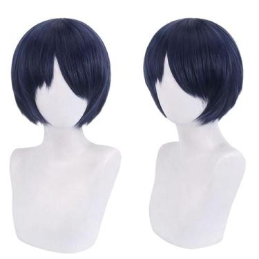 Imagem de Peruca de cosplay curta azul escura de 30 cm, sintética resistente ao 
