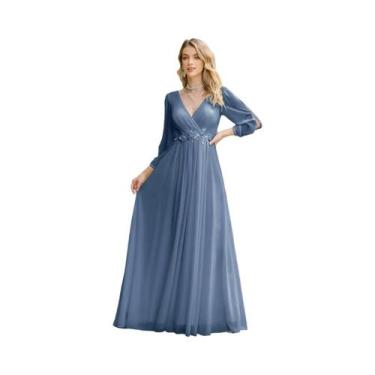 Imagem de Vestido De Noite Elegante Em Chiffon Azul Com Decote Em V, Apliques De